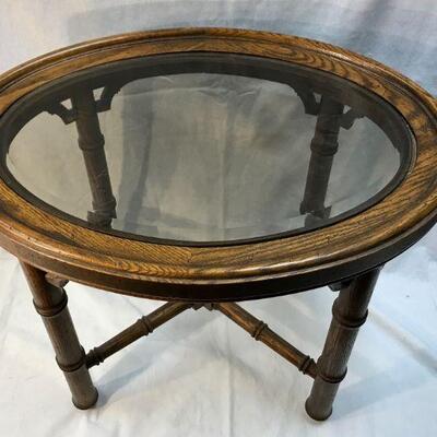 Vintage Oval Glass Top Wood Faux Bamboo Side Table YD#020-1220-00054