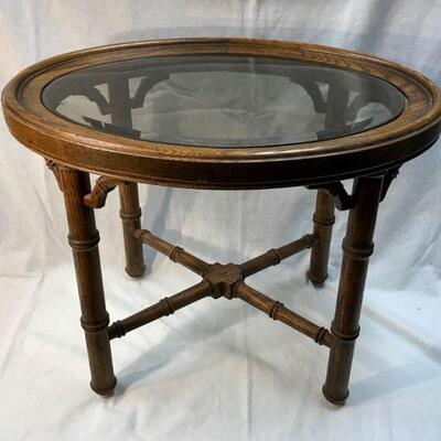 Vintage Oval Glass Top Wood Faux Bamboo Side Table YD#020-1220-00054