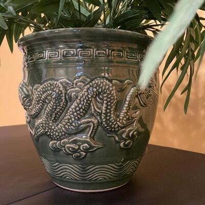 Green Ceramic Dragon Pot with Artificial Plant