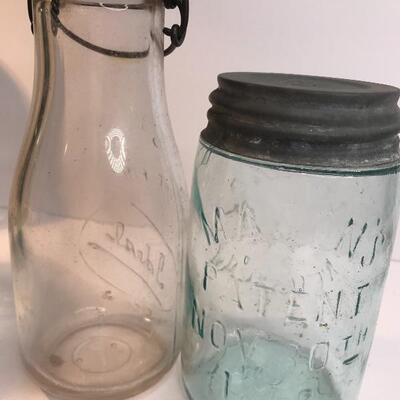 Lot 230:  Antique Mason Jars and Dairy Bottle