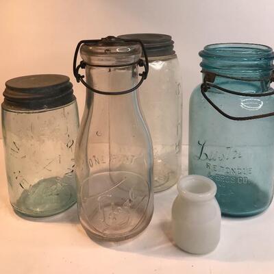 Lot 230:  Antique Mason Jars and Dairy Bottle