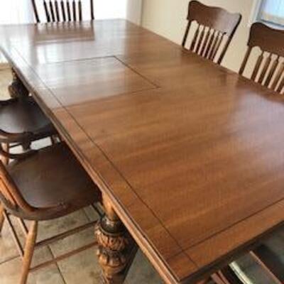 Solid Oak Antique Dining Table with 6 Chairs - 4 Armless and 2 with Arms - SKU F3
