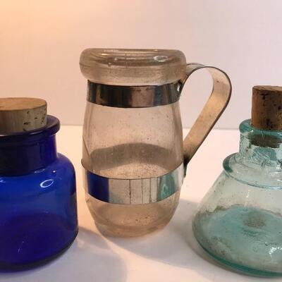 Lot 233: Tin handled Antique Small Bottles and Pitcher