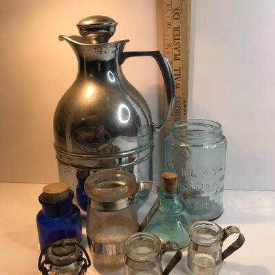 Lot 233: Tin handled Antique Small Bottles and Pitcher