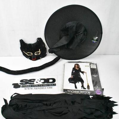 4 pc Halloween Costume: Witch Hat & Dress. Cat Mask & Tail