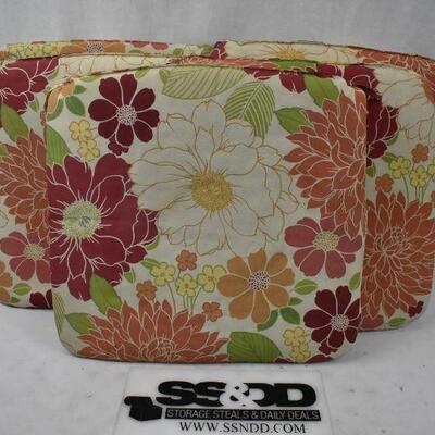5 Outdoor Seat Cushions: Tan/Orange/Red/Green/Yellow Floral. Opposite is striped
