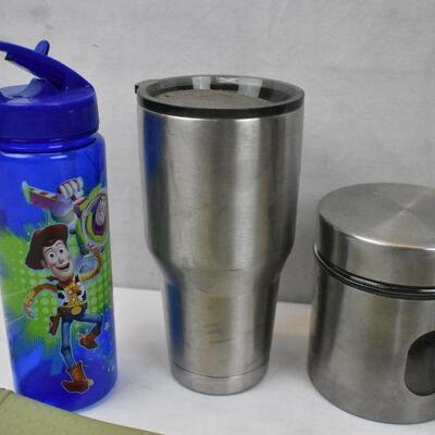 7 pc Kitchen: Water Bottle, Metal Tumbler, Containers, Green Oven Mitts