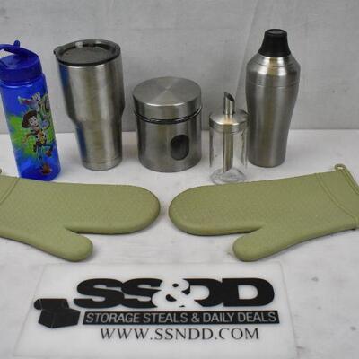7 pc Kitchen: Water Bottle, Metal Tumbler, Containers, Green Oven Mitts