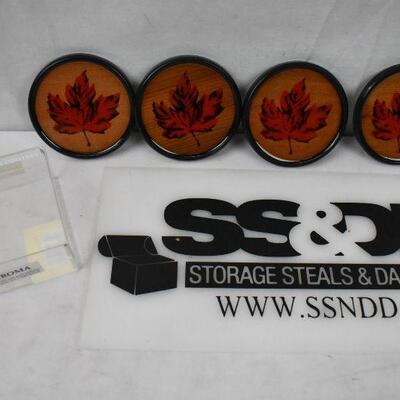 4 Cedar Coasters with Box. Hand Silkscreened, Made in Canada