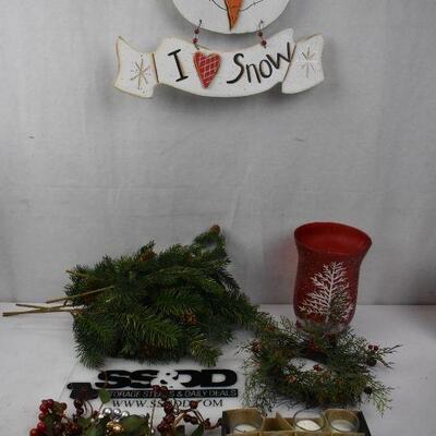 20+ pc Holiday Decor Lot: Large Red Vase, Snowman Wall Decor, 10 votive candles