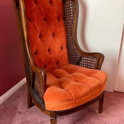 LOT 72  THAT 70s CHAIR!  CAN SIDES WING BACK ORANGE CUSHIONS