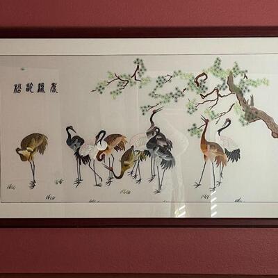 LOT 73  FRAMED TEXTILE ART CHINESE EMBROIDERY ON SILK FLOCK OF CRANES