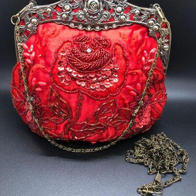 Beautiful Red Beaded Embellished Formal Evening Bag Clutch Purse