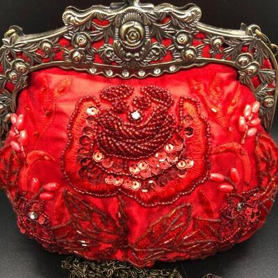 Beautiful Red Beaded Embellished Formal Evening Bag Clutch Purse