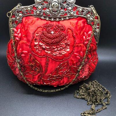 Beautiful Red Beaded Embellished Formal Evening Bag Clutch Purse