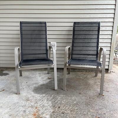 Pair of Navy Blue Mesh and Metal Patio Chairs