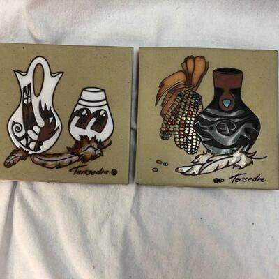 Pair of Cleo Teissedre Southwestern Tile Art Trivet YD#020-1220-00490