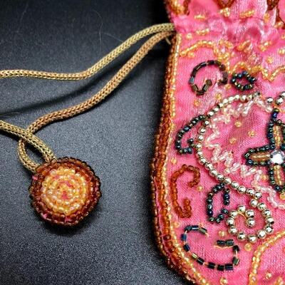 Vintage Bead Embellished Drawstring Trinket Bag Coin Purse