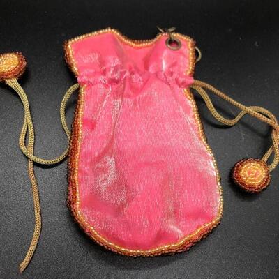 Vintage Bead Embellished Drawstring Trinket Bag Coin Purse