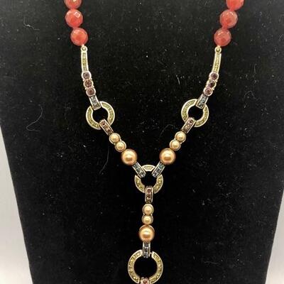 Long Heidi Daus Red Bead Gold Tone Y Necklace YD#020-1220-05002