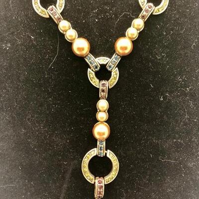 Long Heidi Daus Red Bead Gold Tone Y Necklace YD#020-1220-05002