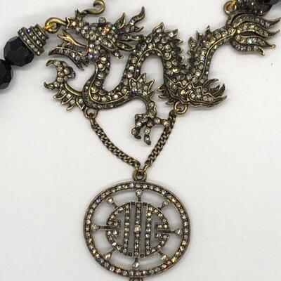 Asian Inspired Heidi Daus Black Bead Crystal Dragon Statement Necklace YD#020-1220-05005