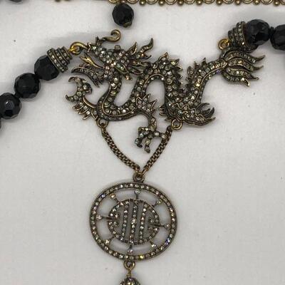 Asian Inspired Heidi Daus Black Bead Crystal Dragon Statement Necklace YD#020-1220-05005
