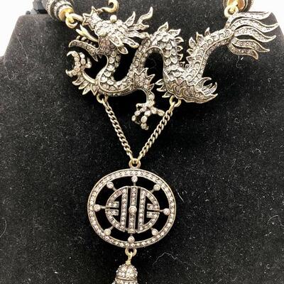 Asian Inspired Heidi Daus Black Bead Crystal Dragon Statement Necklace YD#020-1220-05005