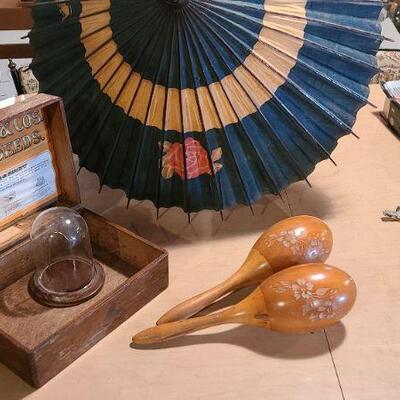 Lot 246B:  Antique Bamboo Umbrella, Seed Box and More