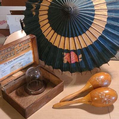 Lot 246B:  Antique Bamboo Umbrella, Seed Box and More