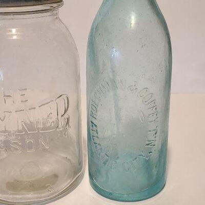 Lot 215: Tartan Coffee Jar, Gayner Mason, Improved Jar, and Roeshman/Coffey AC Soda Bottle