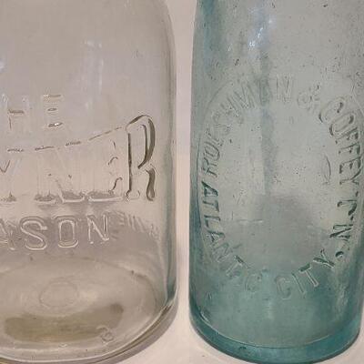 Lot 215: Tartan Coffee Jar, Gayner Mason, Improved Jar, and Roeshman/Coffey AC Soda Bottle