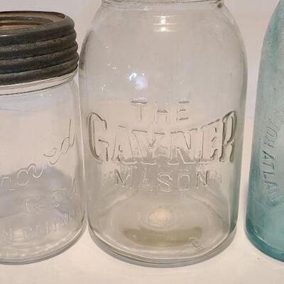 Lot 215: Tartan Coffee Jar, Gayner Mason, Improved Jar, and Roeshman/Coffey AC Soda Bottle