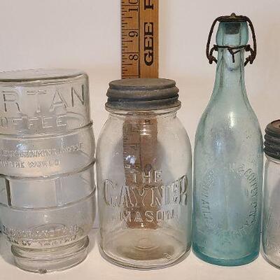 Lot 215: Tartan Coffee Jar, Gayner Mason, Improved Jar, and Roeshman/Coffey AC Soda Bottle
