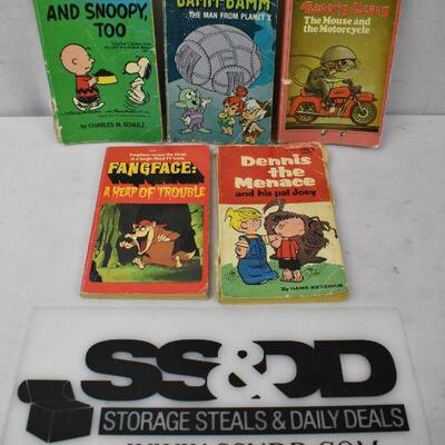 5 pc Vintage Paperbacks, Fiction: All This & Snoopy Too -to- Dennis the Menace