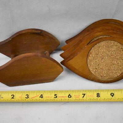 6 Wooden/Cork Coasters with Stand - Vintage