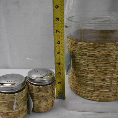 4 pc Party: Ice Bucket w/ Lid, Tongs, 2 Salt Shakers Basket Weave. Rope Decor