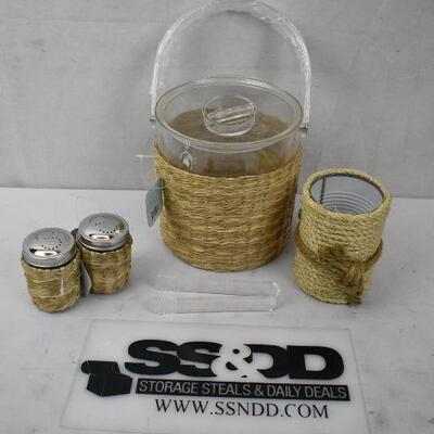 4 pc Party: Ice Bucket w/ Lid, Tongs, 2 Salt Shakers Basket Weave. Rope Decor