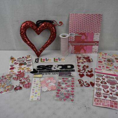 Valentine Theme Lot: Paper, Sequin Decor, Tulle, & STICKERS