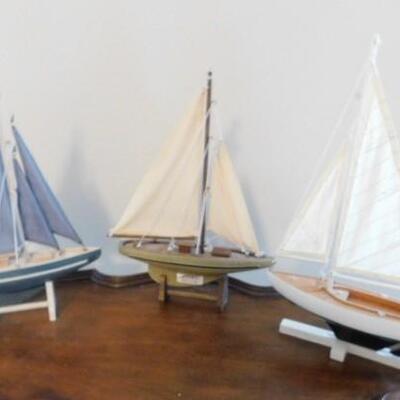 Set of Three Wood Sail Boat Models Various Shapes and Colors  14