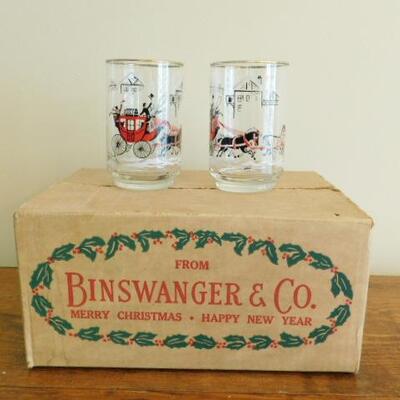 Mid Century Binswanger & Co Collector Christmas Holiday Drinking Glasses with Original Box 6pcs