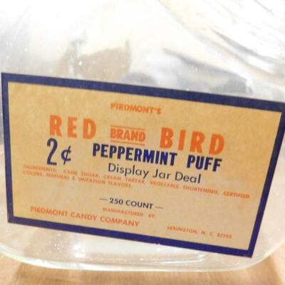 Piedmont Candy Company Display Jar Red Bird 2 Cent Peppermint Puff Label 