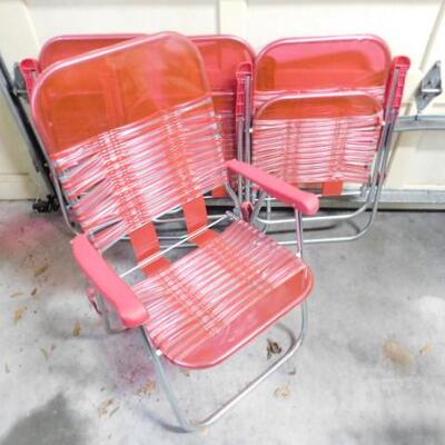 Set of Four Aluminum Frame and Jelly Plastic Red and White Folding Lawn Chairs