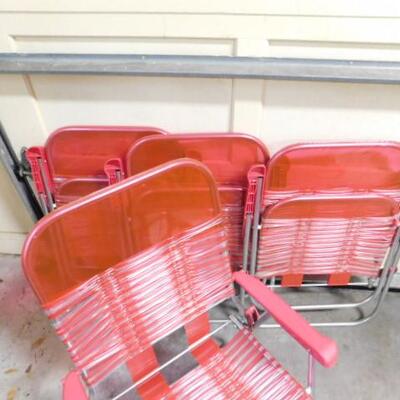 Set of Four Aluminum Frame and Jelly Plastic Red and White Folding Lawn Chairs