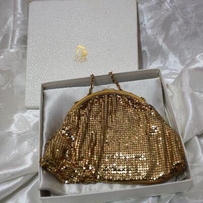 Whiting & Davis gold mesh evening bag, original box