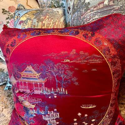 LOT 89  PLUMP DECORATOR THROW PILLOWS COVERED IN AN ASIAN THEME FABRIC