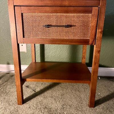 LOT 94  MCM TEAK ONE DRAWER NIGHT STAND.  WOVEN WICKER FRONT 