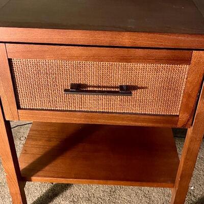 LOT 94  MCM TEAK ONE DRAWER NIGHT STAND.  WOVEN WICKER FRONT 