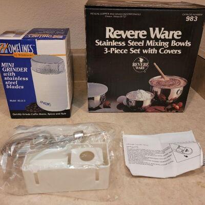 Lot 40:  NEW Revere Ware Mixing Bowl Set, Grinder and Hand Mixer