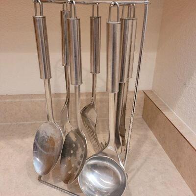 Lot 48: Stainless Kitchen Utensils with Stand